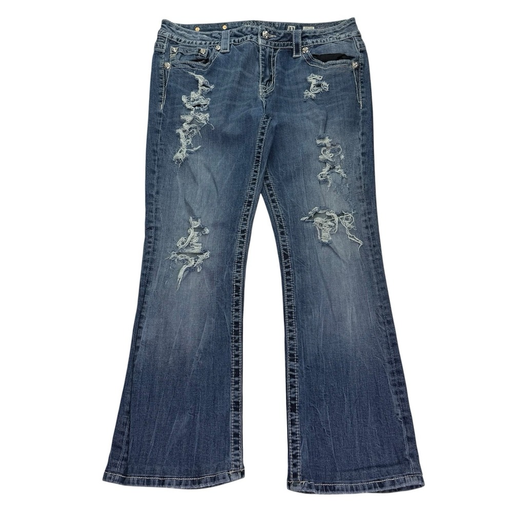 Miss Me Jeans Womens 33x27 Distressed Blue Signature Boot Rhinestone Beads READ!